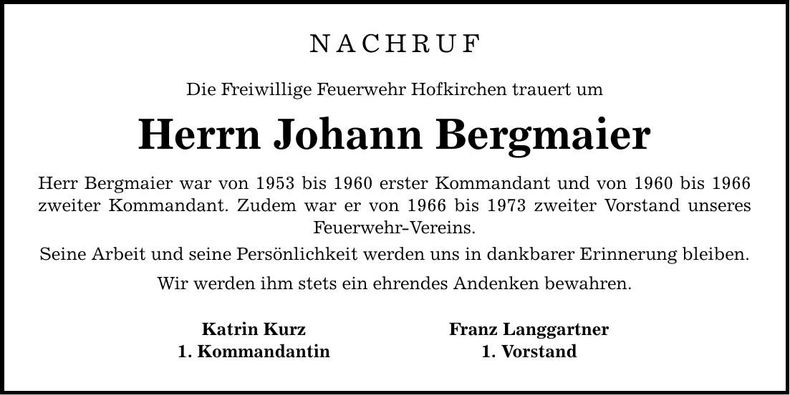 Traueranzeige Johann Bergmaier