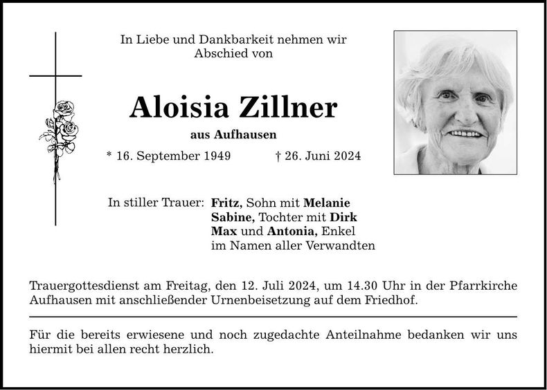 Traueranzeige Aloisia Zillner