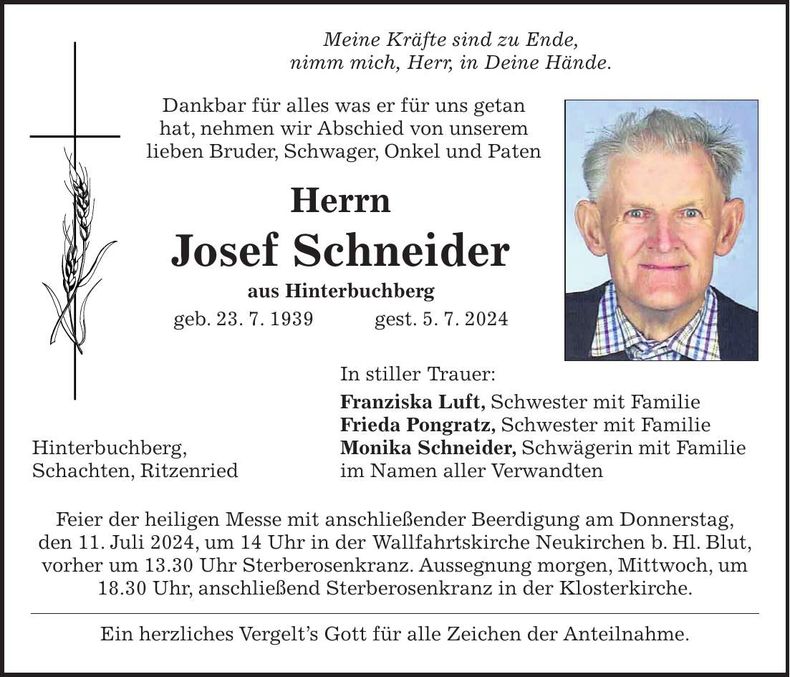 Traueranzeige Josef Schneider