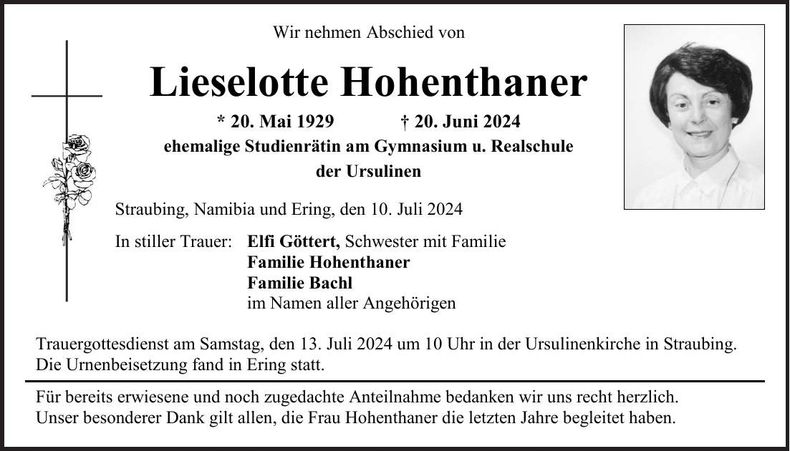 Traueranzeige Liselotte Hohenthaner