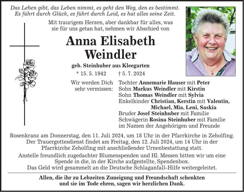 Traueranzeige Elisabeth Weindler