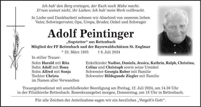 Traueranzeige Adolf Peintinger