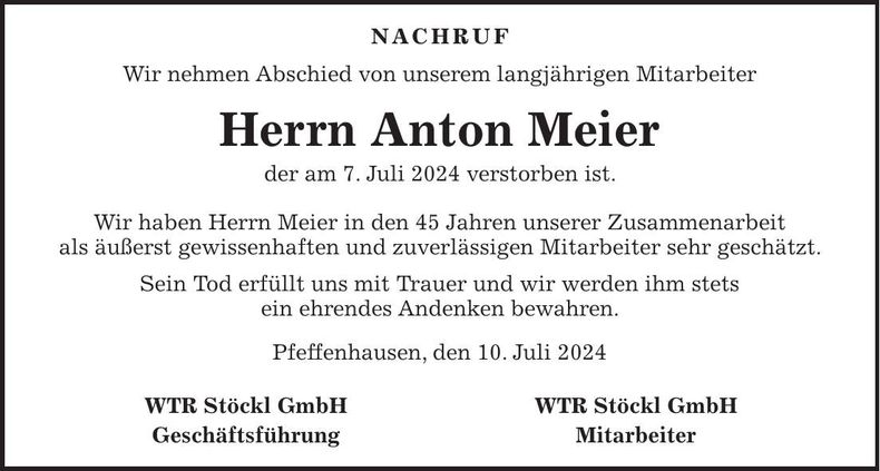Traueranzeige Anton Meier