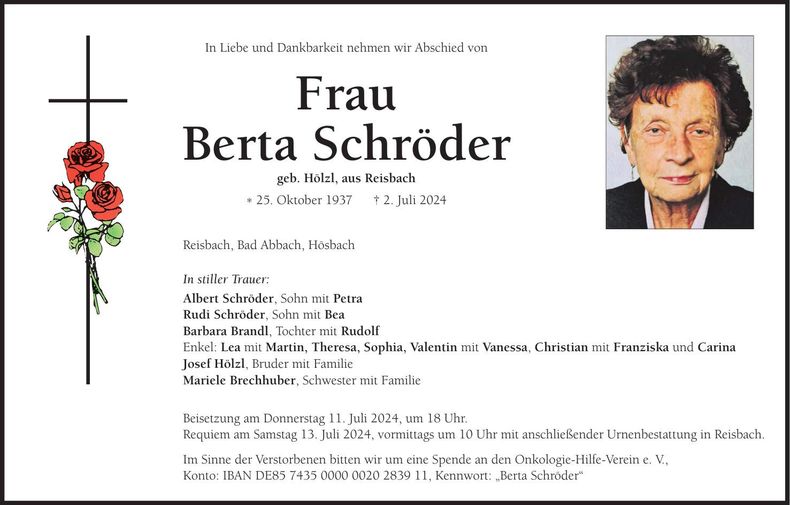 Traueranzeige Berta Schröder