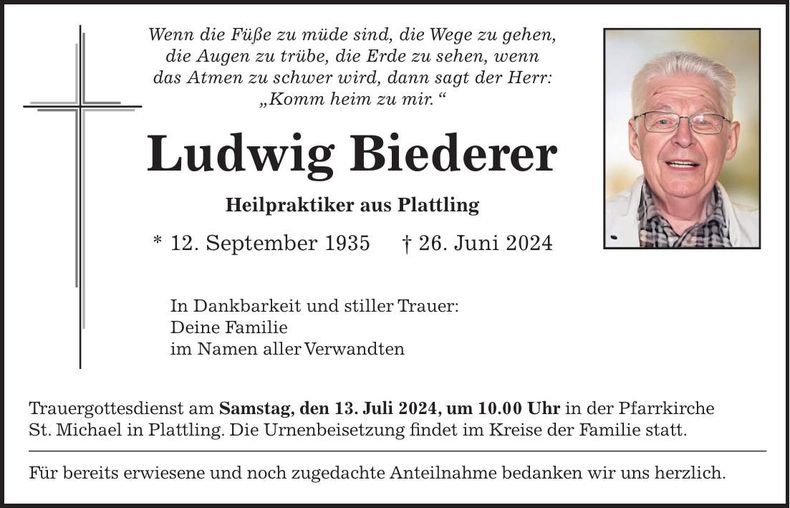 Traueranzeige Ludwig Biederer