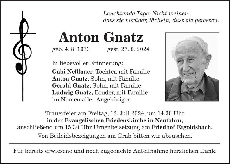 Traueranzeige Anton Gnatz
