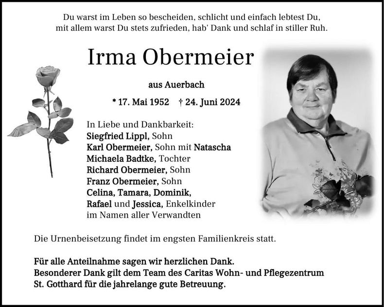 Traueranzeige Irma Obermeier