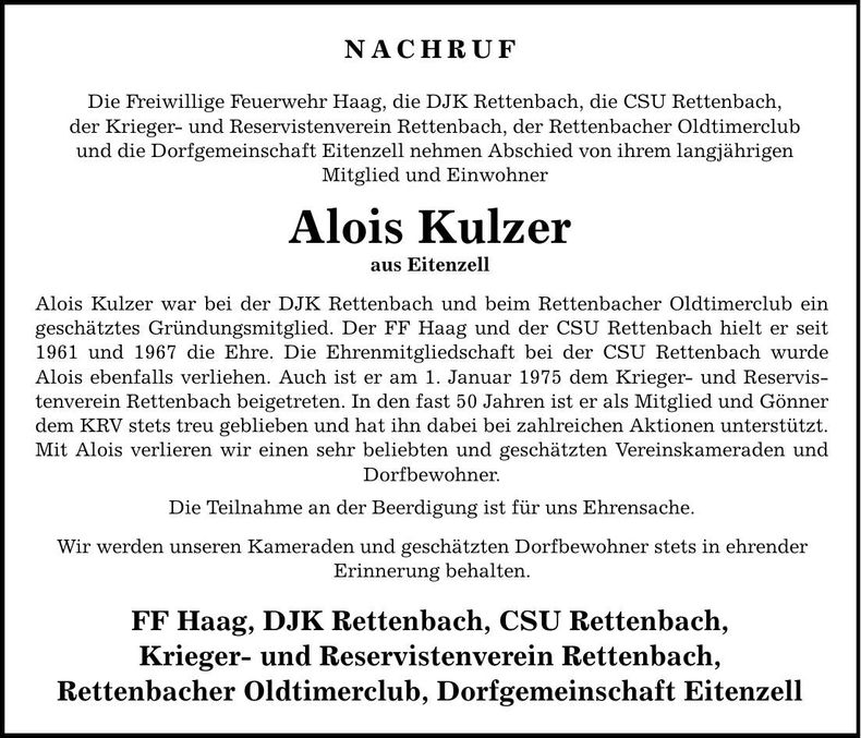 Traueranzeige Alois Kulzer