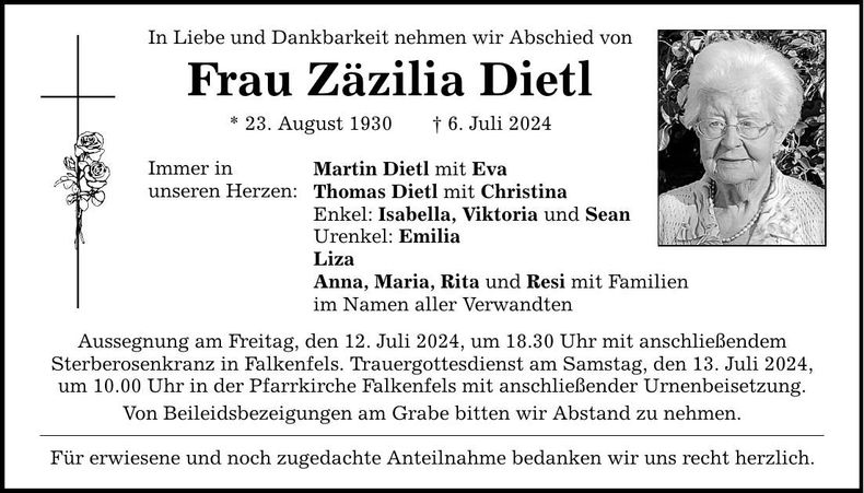 Traueranzeige Zäzilia Dirtl