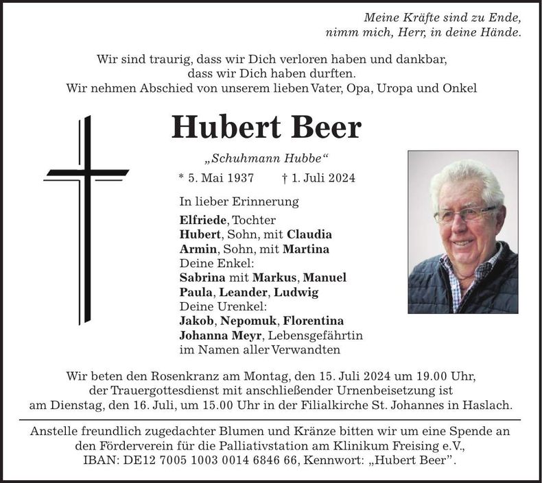 Traueranzeige Hubert Beer
