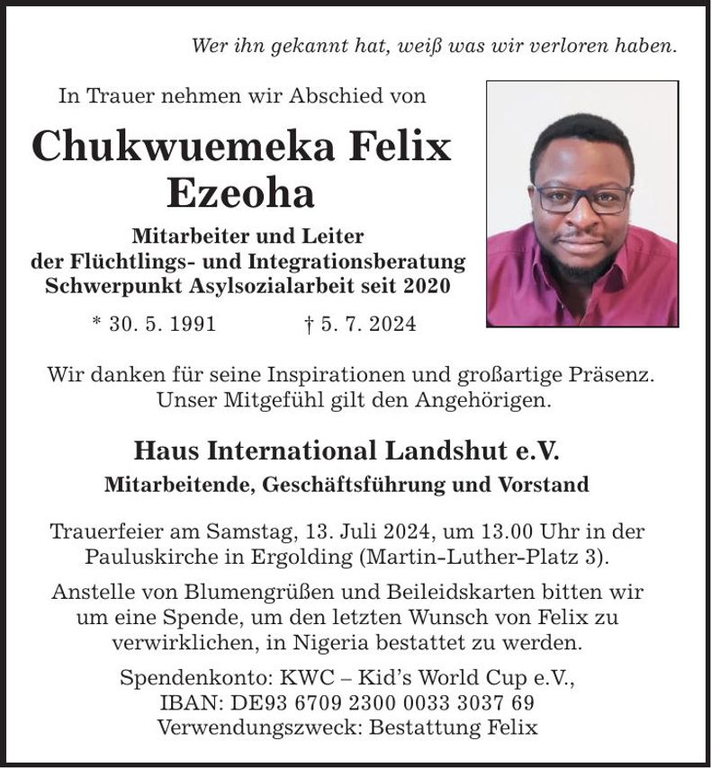 Traueranzeige Chukwuemeka Felix Ezeoha