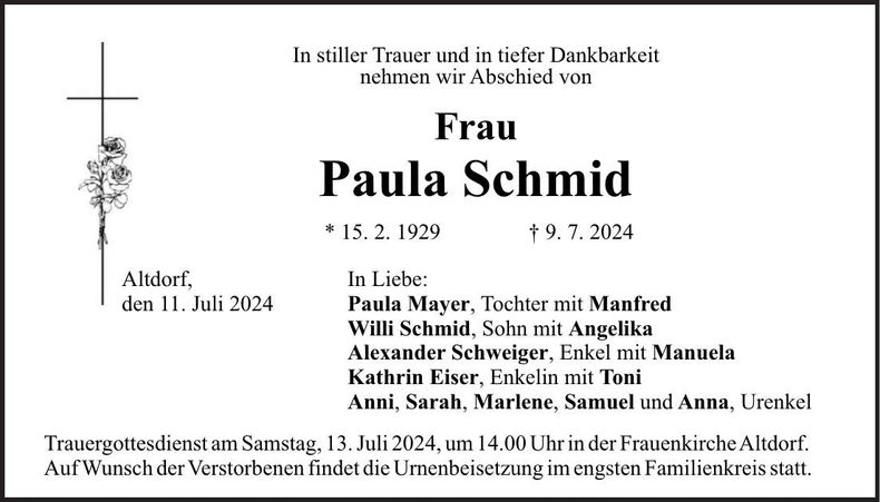 Traueranzeige Paula Schmid