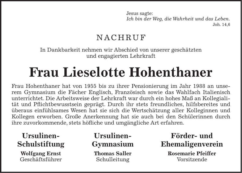 Traueranzeige Lieselotte Hohenthaner