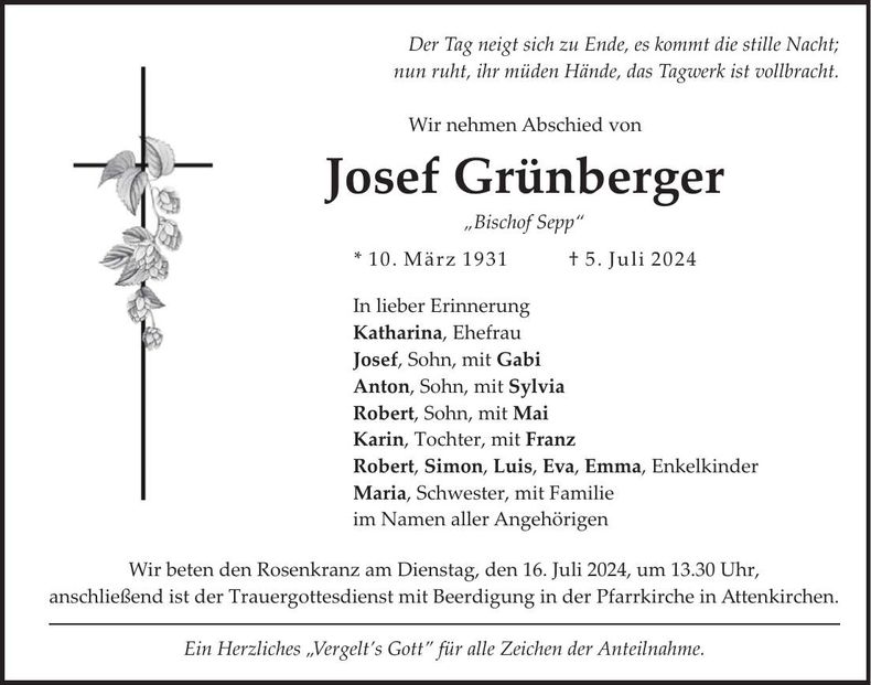 Traueranzeige Josef Grünberger