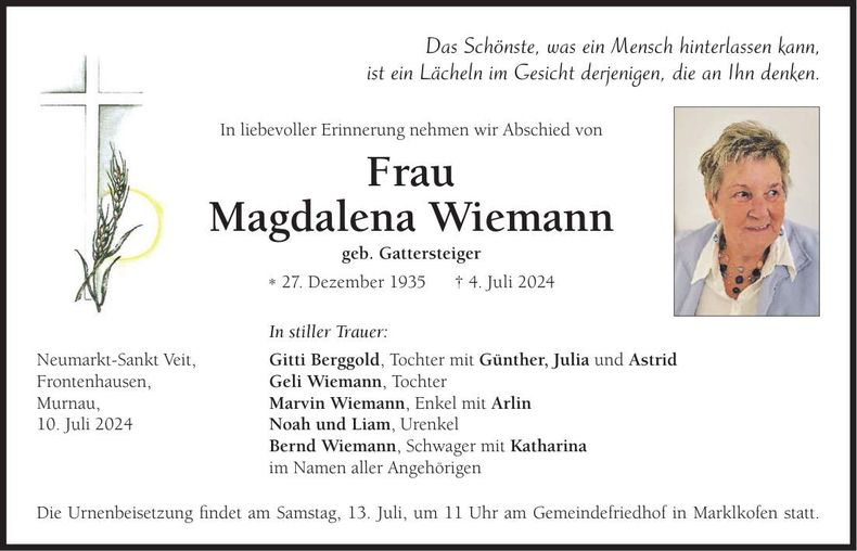Traueranzeige Magdalena Wiemann