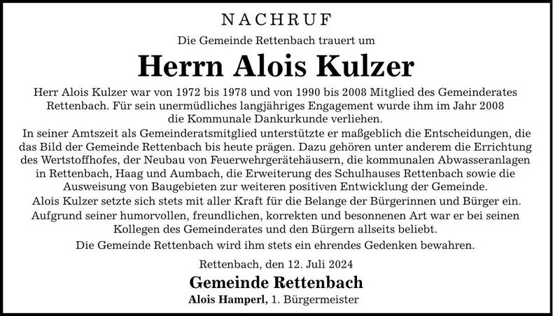 Traueranzeige Alois Kulzer