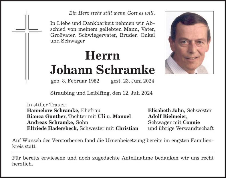 Traueranzeige Johann Schramke