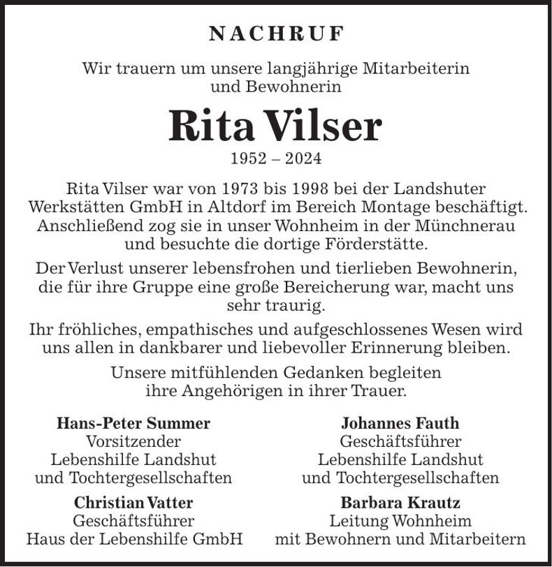 Traueranzeige Rita Vilser