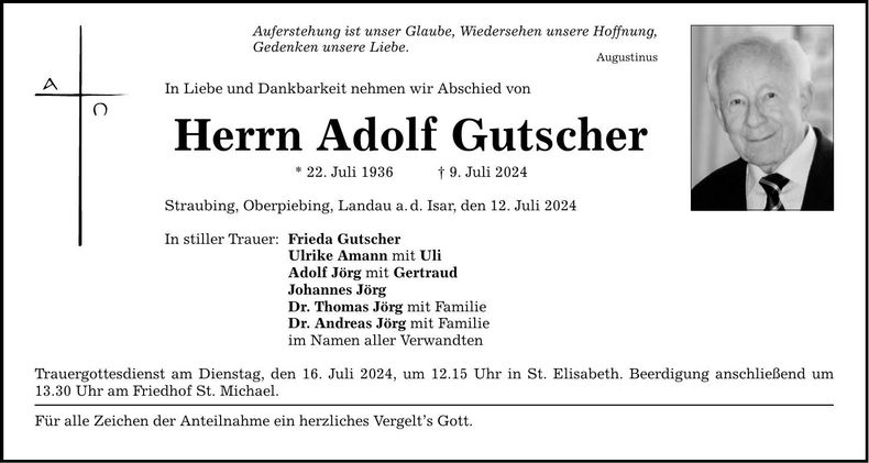Traueranzeige Adolf Gutscher