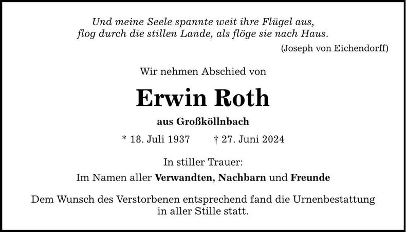 Traueranzeige Erwin Roth