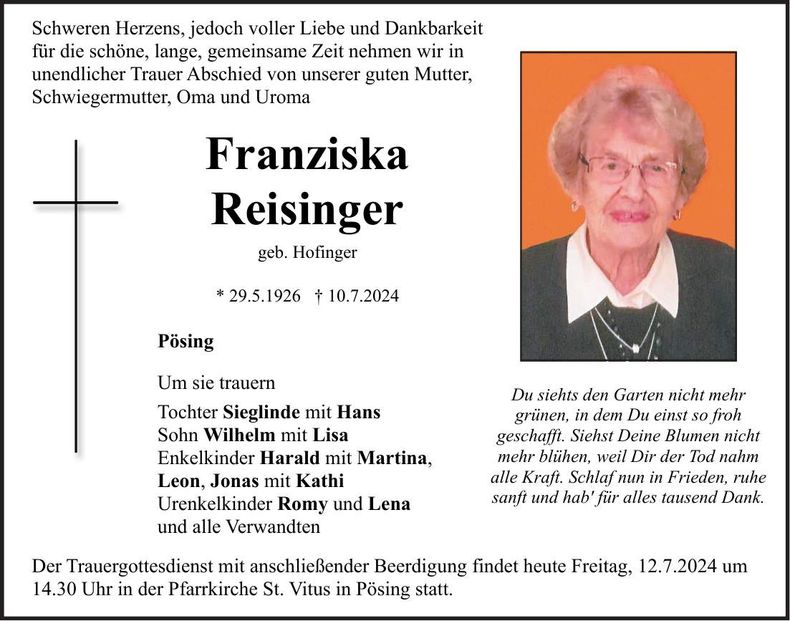 Traueranzeige Franziska Reisinger