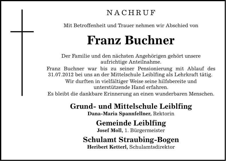 Traueranzeige Franz Buchner