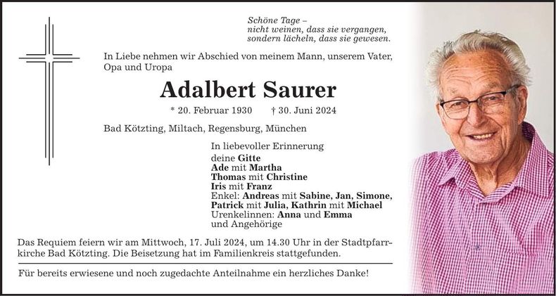 Traueranzeige Adalbert Saurer