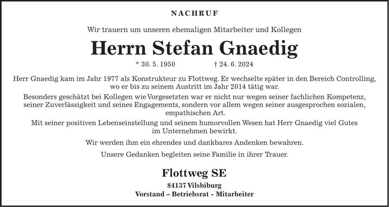 Traueranzeige Stefan Gnaedig