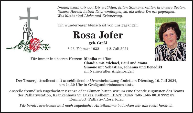 Traueranzeige Rosa Jofer