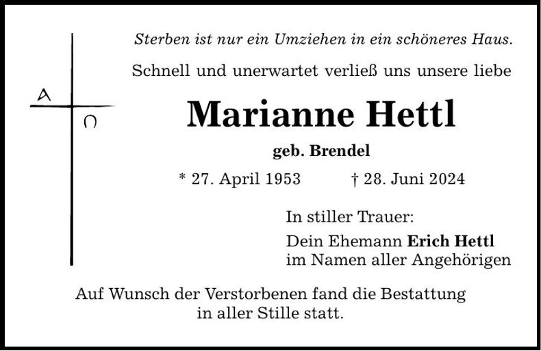 Traueranzeige Marianne Hettl