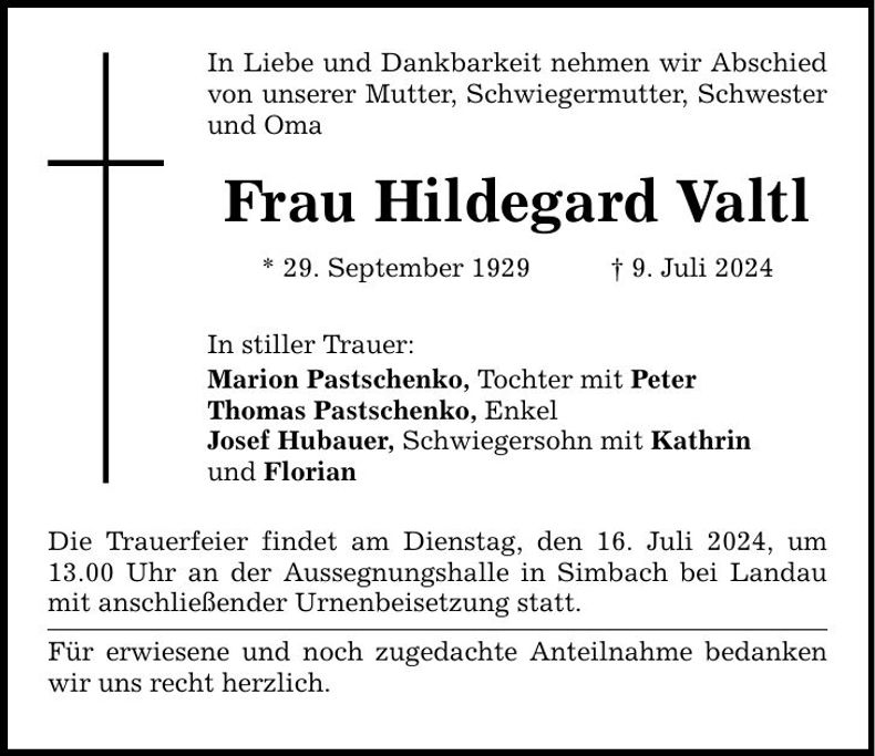 Traueranzeige Hildegard Valtl