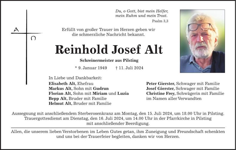 Traueranzeige Reinhold Josef Alt