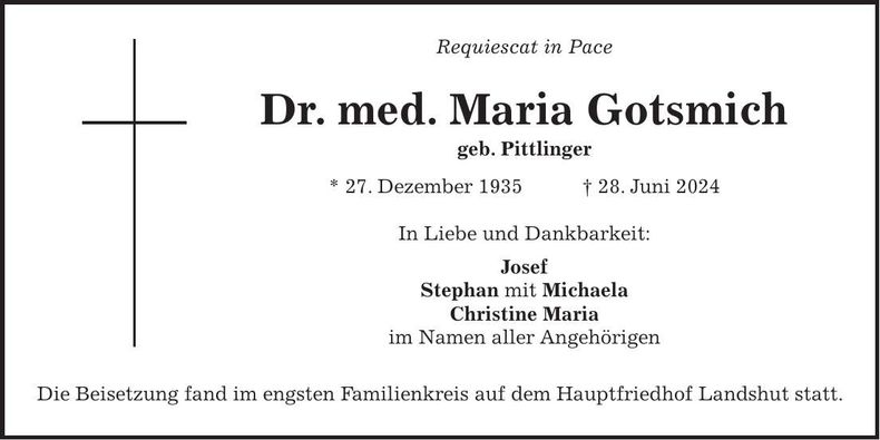 Traueranzeige Maria Gotsmich