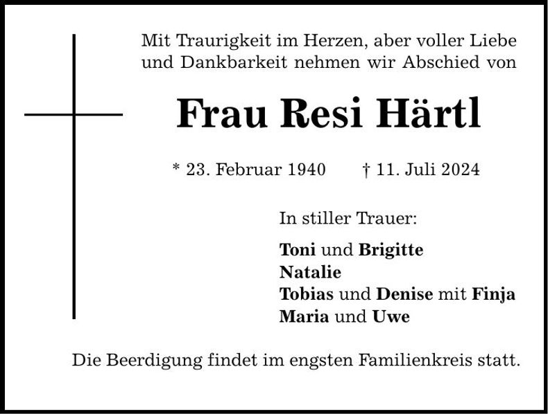 Traueranzeige Resi Härtl