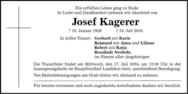 Traueranzeige Josef Kagerer