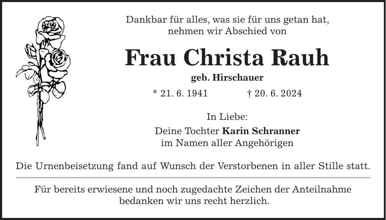 Traueranzeige Christa Rauh