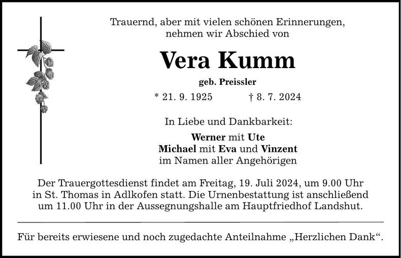 Traueranzeige Vera Kumm