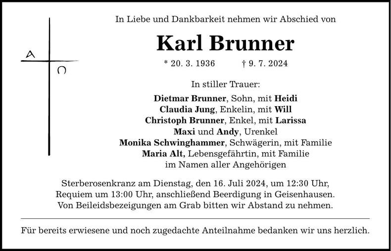 Traueranzeige Karl Brunner