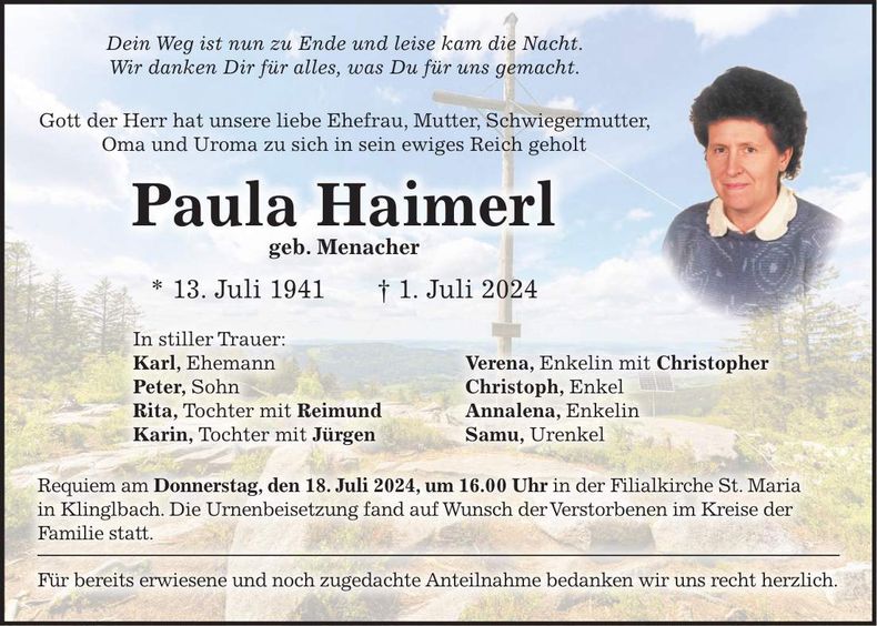 Traueranzeige Pauline Haimerl