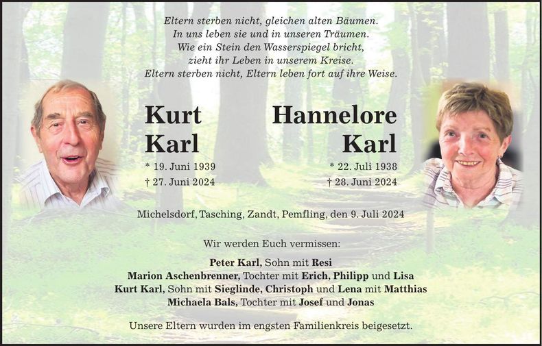 Traueranzeige Kurt und Hannelore Karl