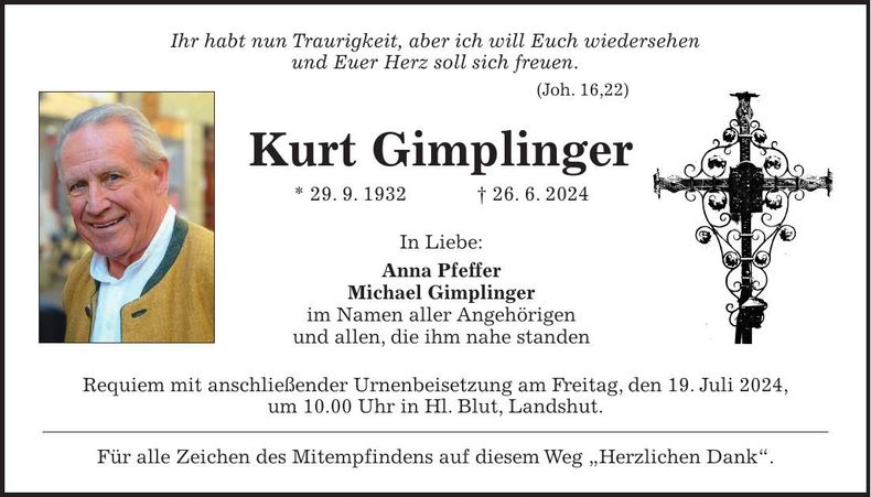 Traueranzeige Kurt Gimplinger