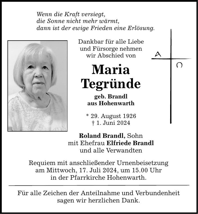 Traueranzeige Tegründe Maria