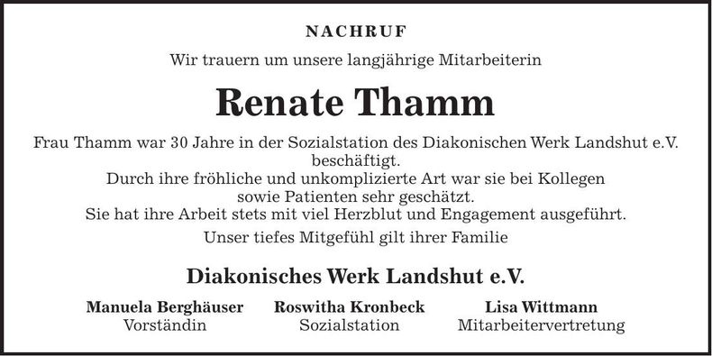 Traueranzeige Renate Thamm