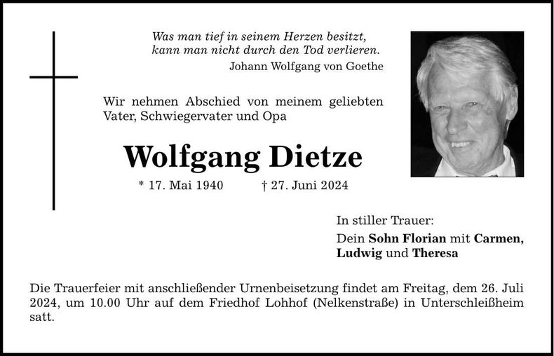 Traueranzeige Wolfgang Dietze