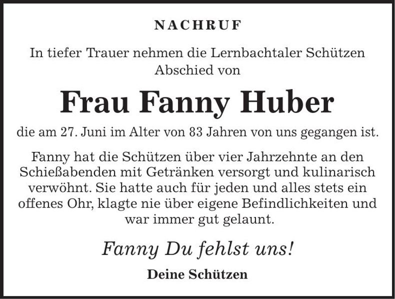 Traueranzeige Fanny Huber