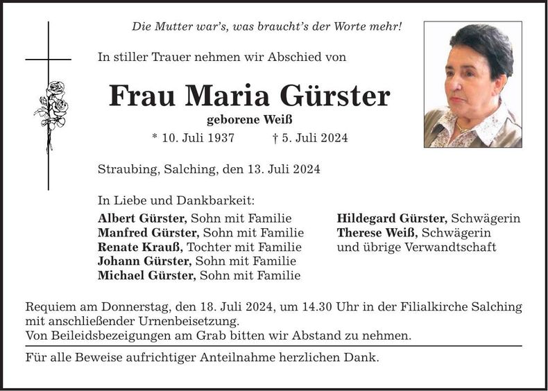 Traueranzeige Maria Gürster