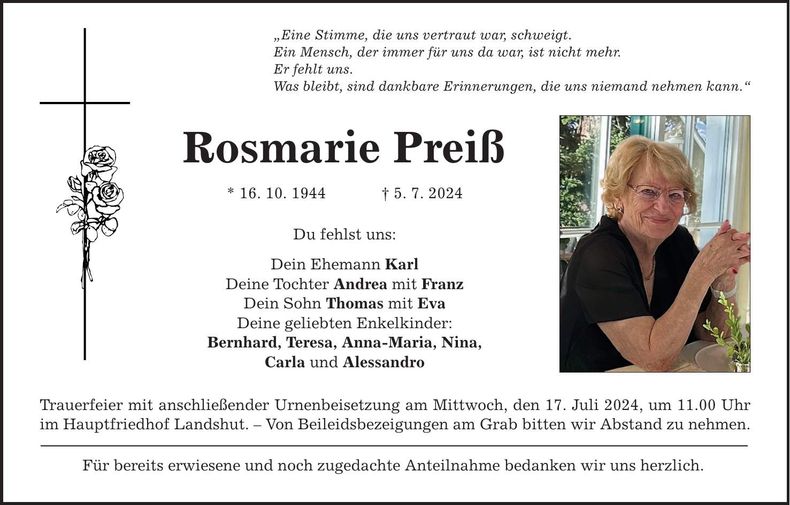 Traueranzeige Rosmarie Preiß