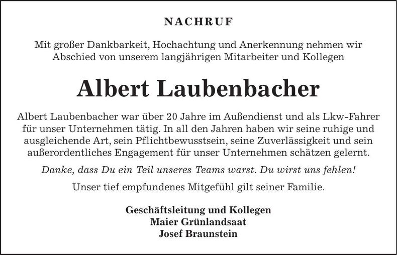 Traueranzeige Albert Laubenbacher