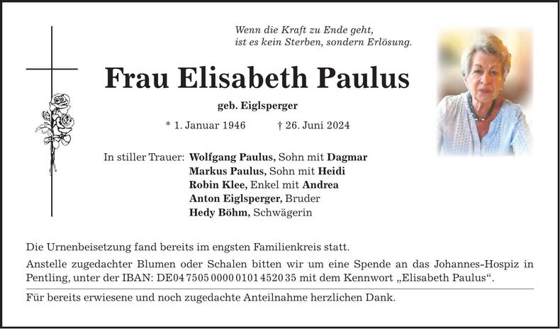Traueranzeige Elisabeth Paulus