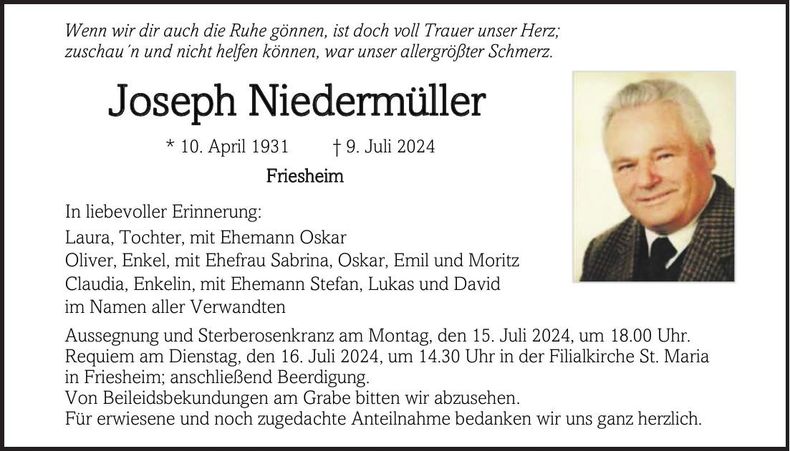 Traueranzeige Joseph Niedermüller